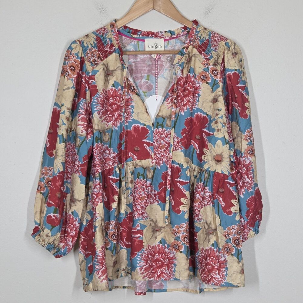 NWT Umgee Big Floral Balloon Puff Sleeve Babydoll Top S Boho Cottagecore Church